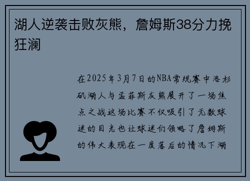 湖人逆袭击败灰熊，詹姆斯38分力挽狂澜