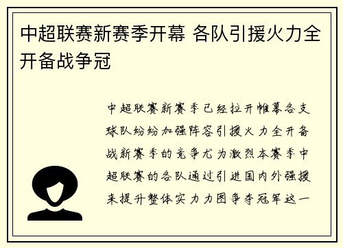 中超联赛新赛季开幕 各队引援火力全开备战争冠