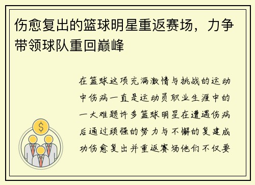 伤愈复出的篮球明星重返赛场，力争带领球队重回巅峰