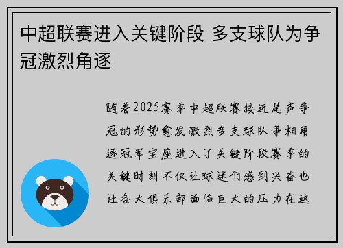 中超联赛进入关键阶段 多支球队为争冠激烈角逐