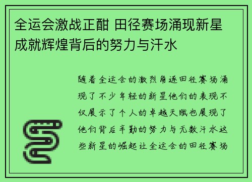 全运会激战正酣 田径赛场涌现新星 成就辉煌背后的努力与汗水